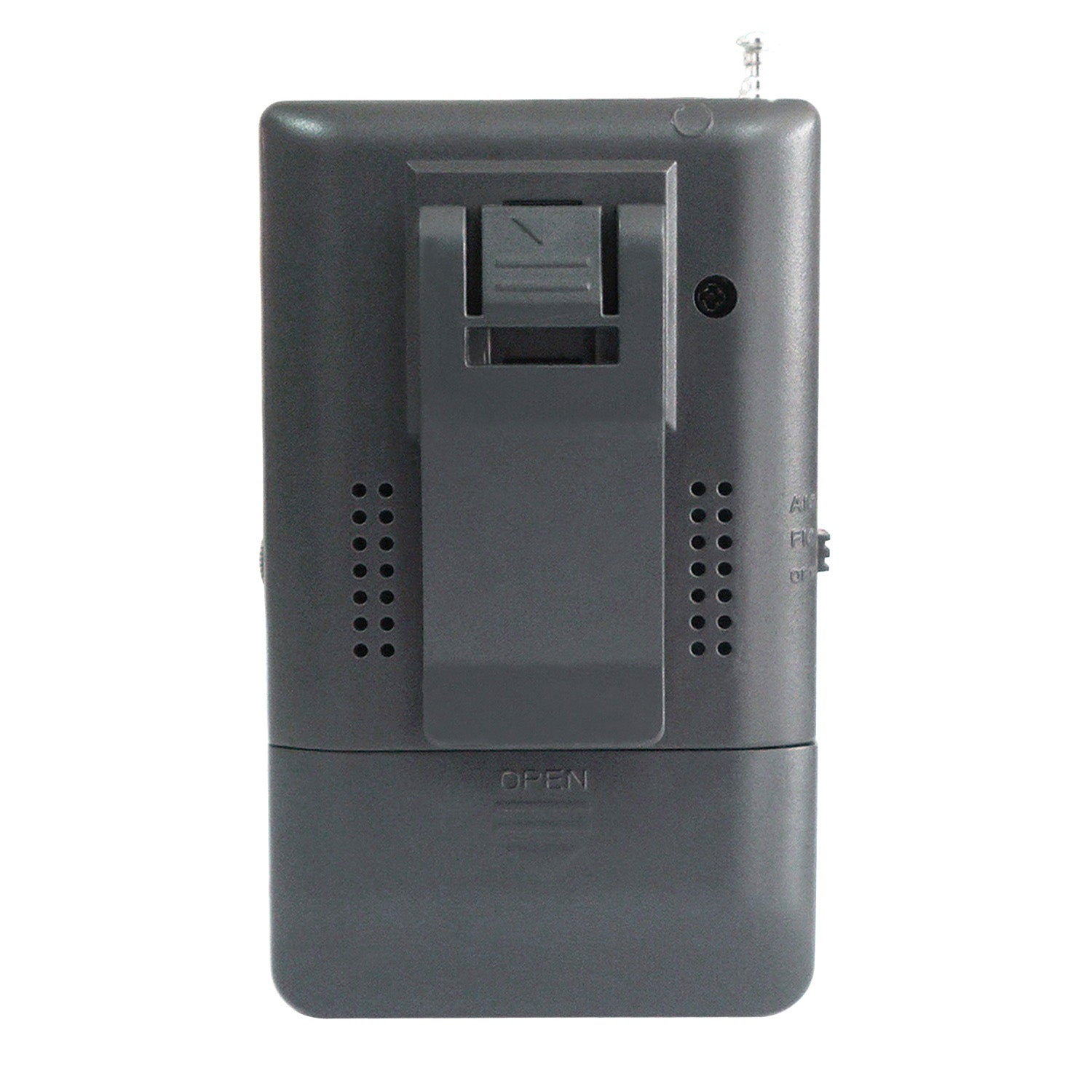 Silver handheld AM/FM radio with belt clip, portable emergency battery-powered radio for light and communication use.