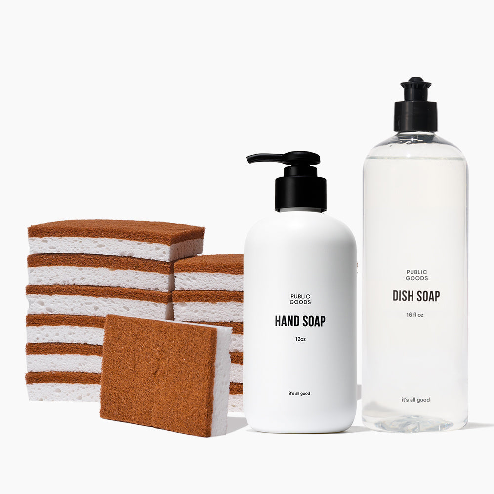 Public Goods Sink Essentials Set with cleaning brushes, sponges, and scrubbers for household kitchen sink cleaning.