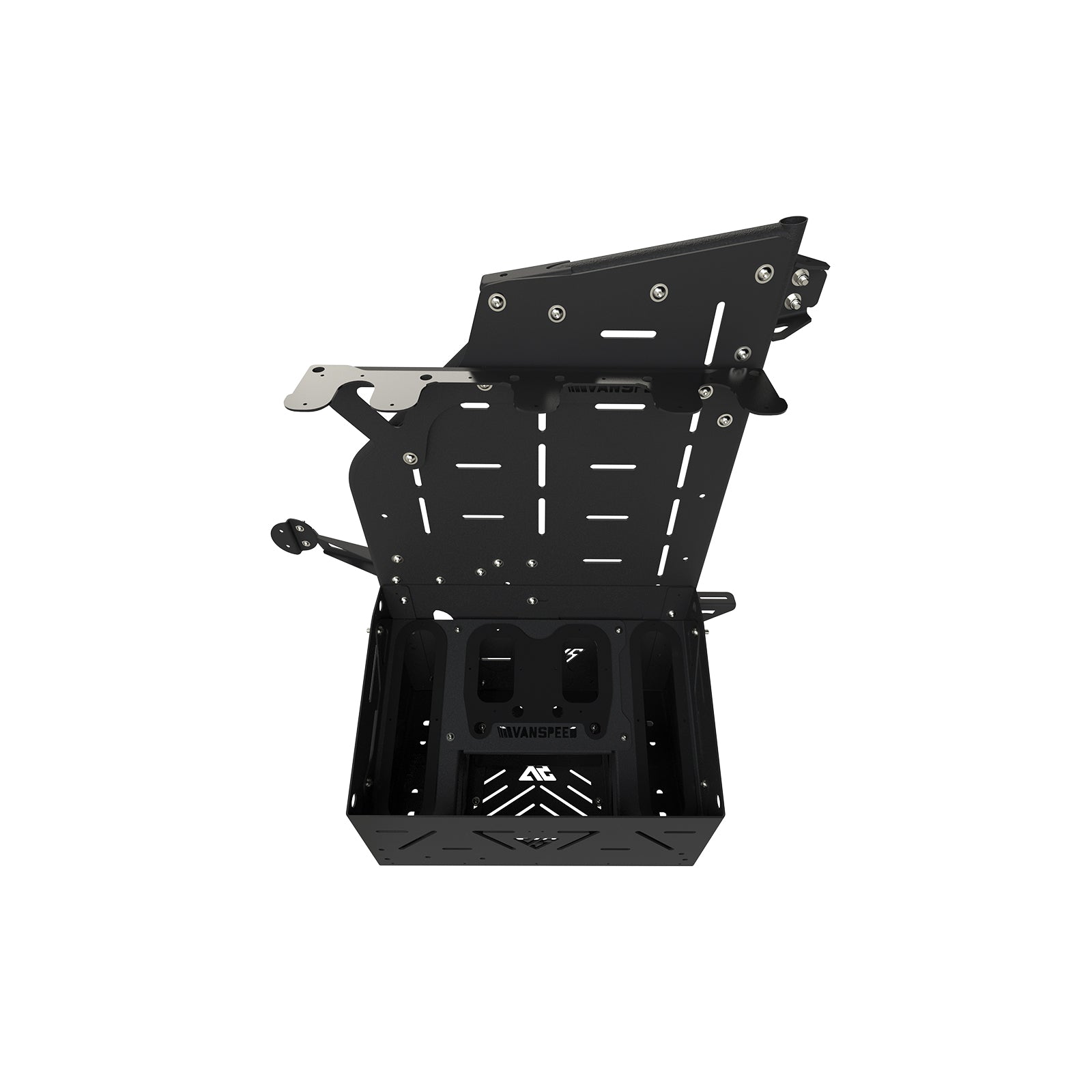 Vanspeed Sprinter gondola rack bundle with ski box mounted on the roof of a van, exterior van parts by The Van Mart.