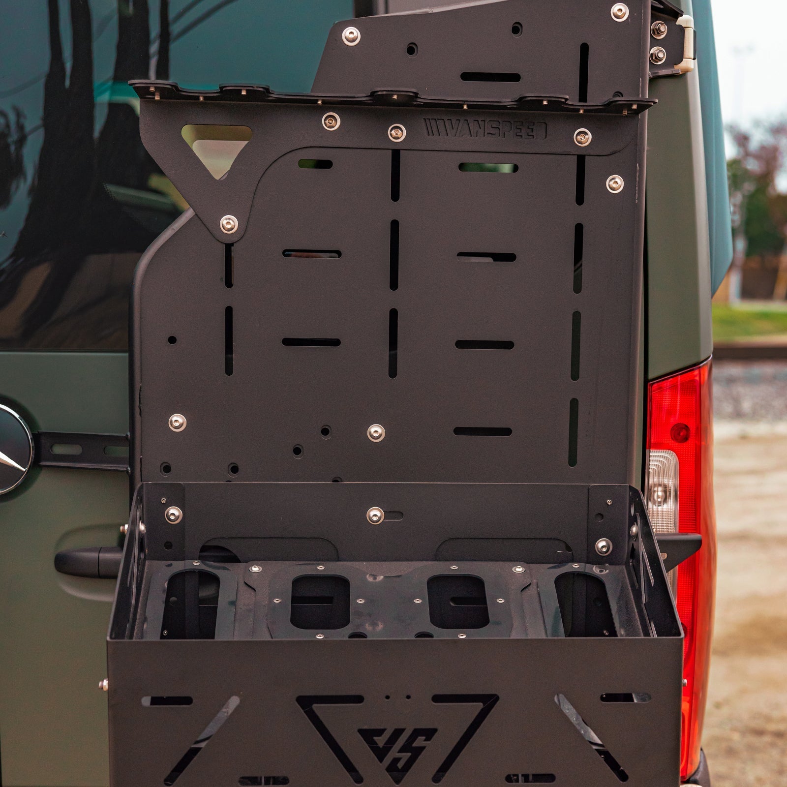Vanspeed Sprinter Gondola Rack Bundle installed on a van, showcasing exterior cargo storage with the Van Mart branding.