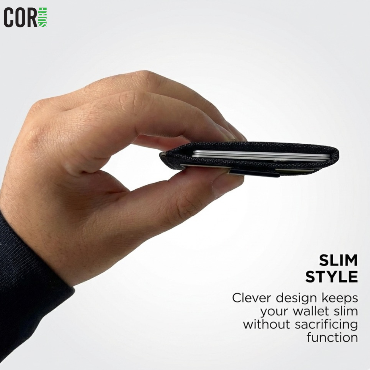 COR Surf slim travel wallet designed for spring break trips, showing a sleek black wallet with multiple card slots.