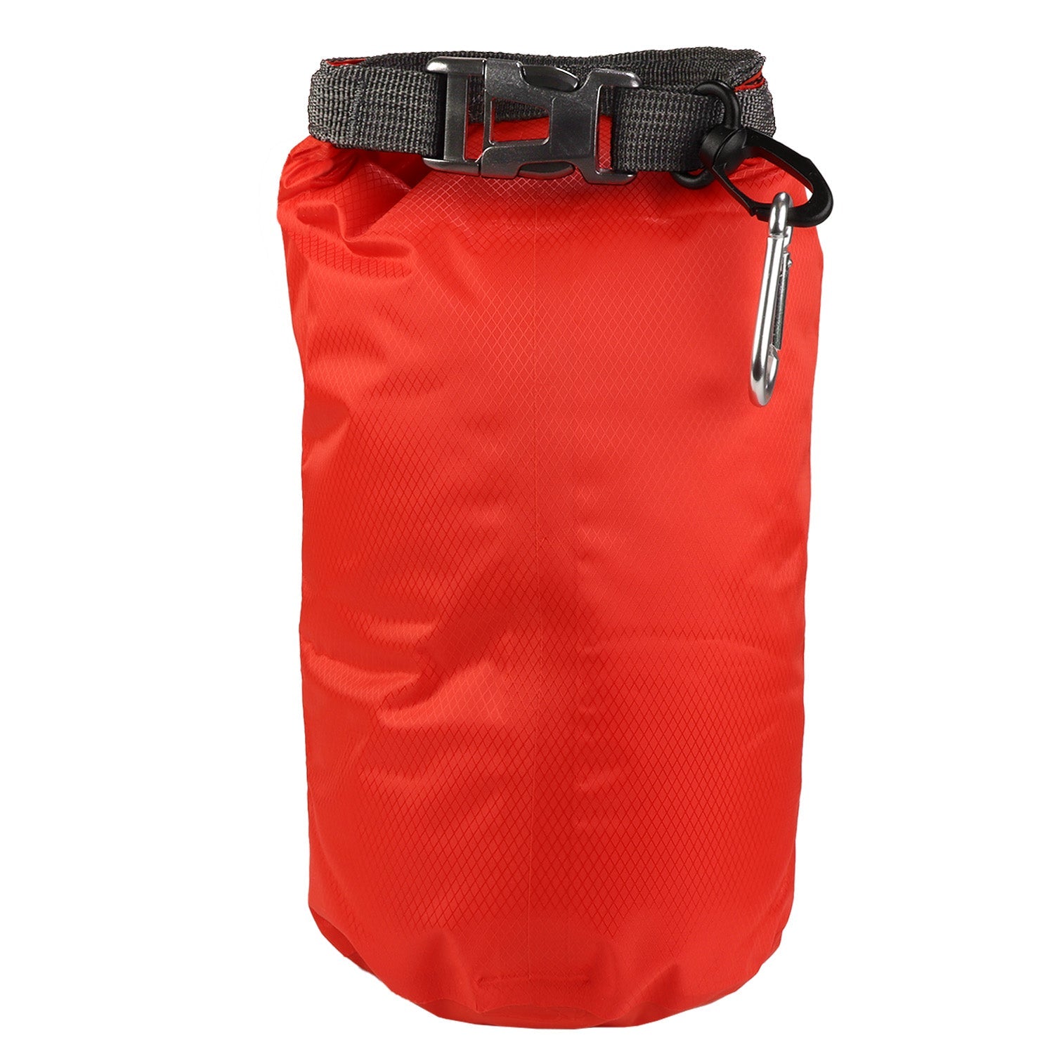 Red 16oz mini personal dry bag with carabiner, ideal for outdoor gear and water-resistant storage from quakekits.com.