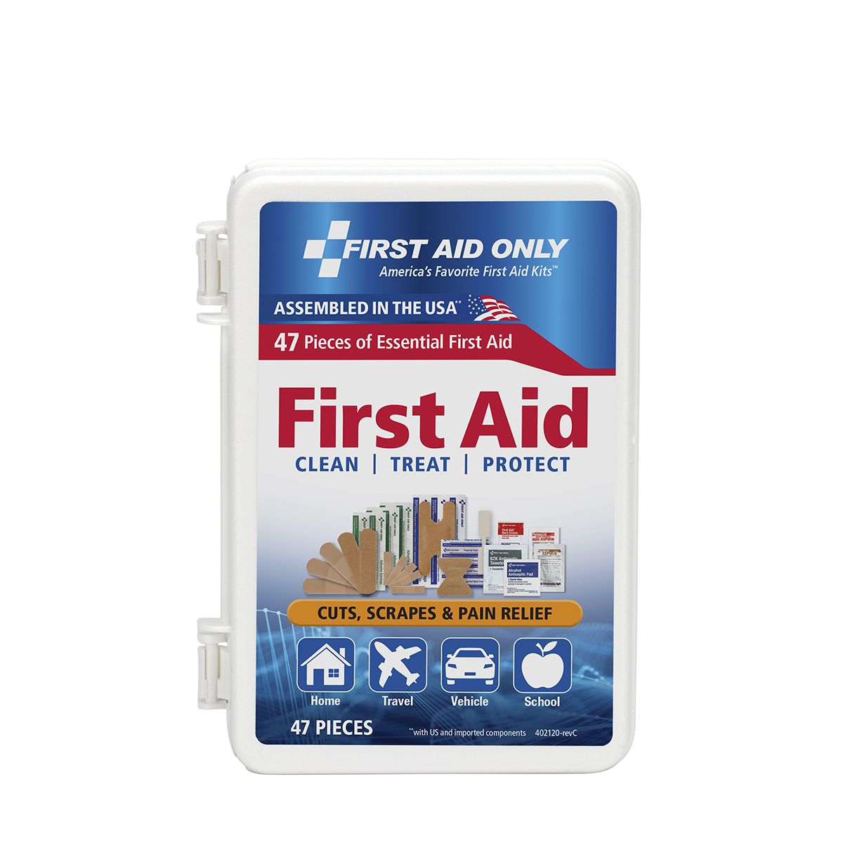 Small 47-piece first aid kit from QuakeKits.com featuring bandages, antiseptic wipes, scissors, and first aid essentials.