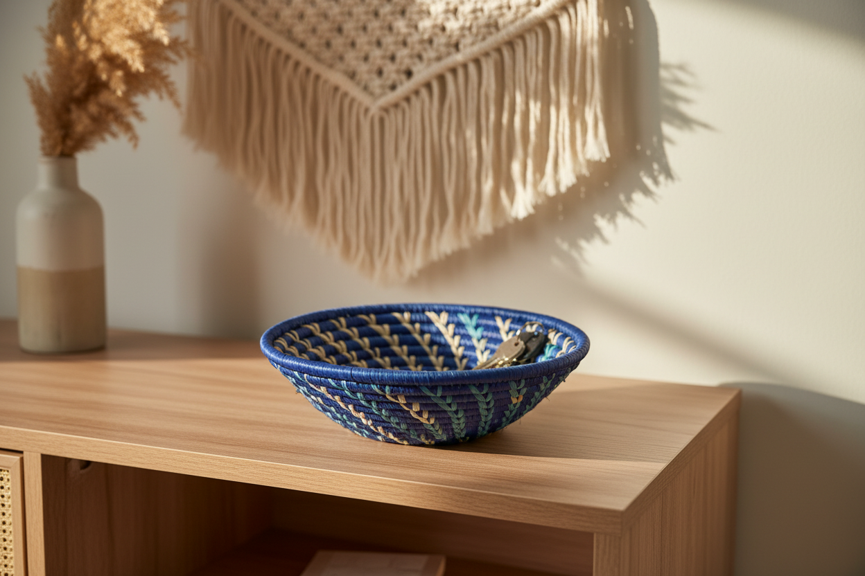 Small woven Raffia African basket in blue and white, handmade by Reflektion Design, showcasing intricate natural craftsmanship.