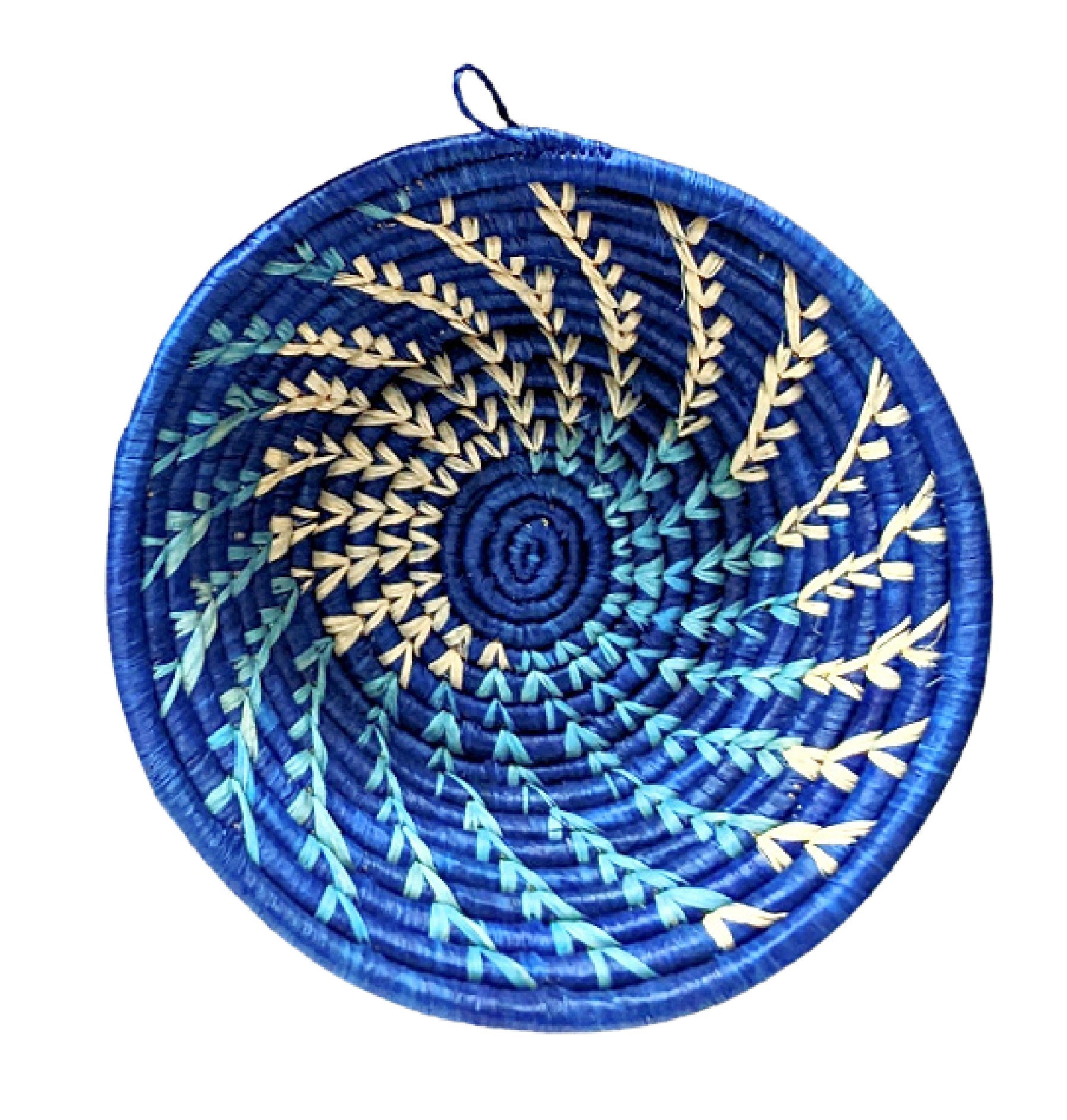 Small woven Raffia African basket in blue by Reflektion Design, featuring colorful handwoven design and textured natural fibers.