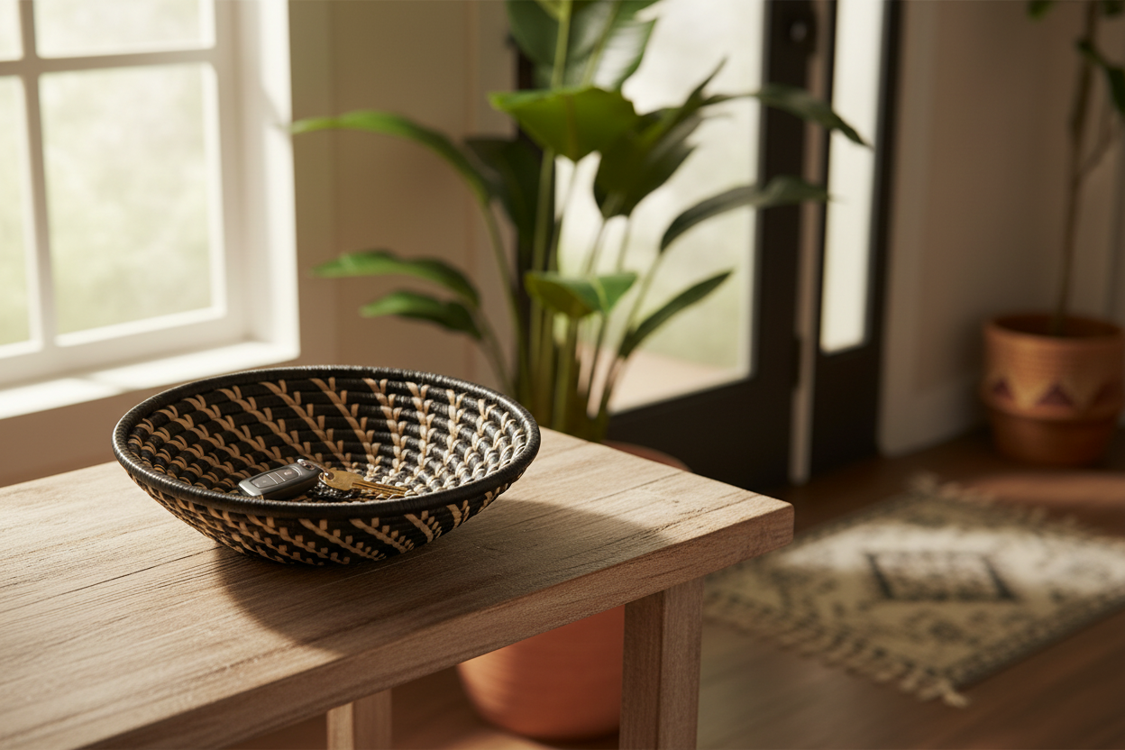 Small black woven Raffia basket by Reflektion Design, perfect for entryway storage or decorative organization.