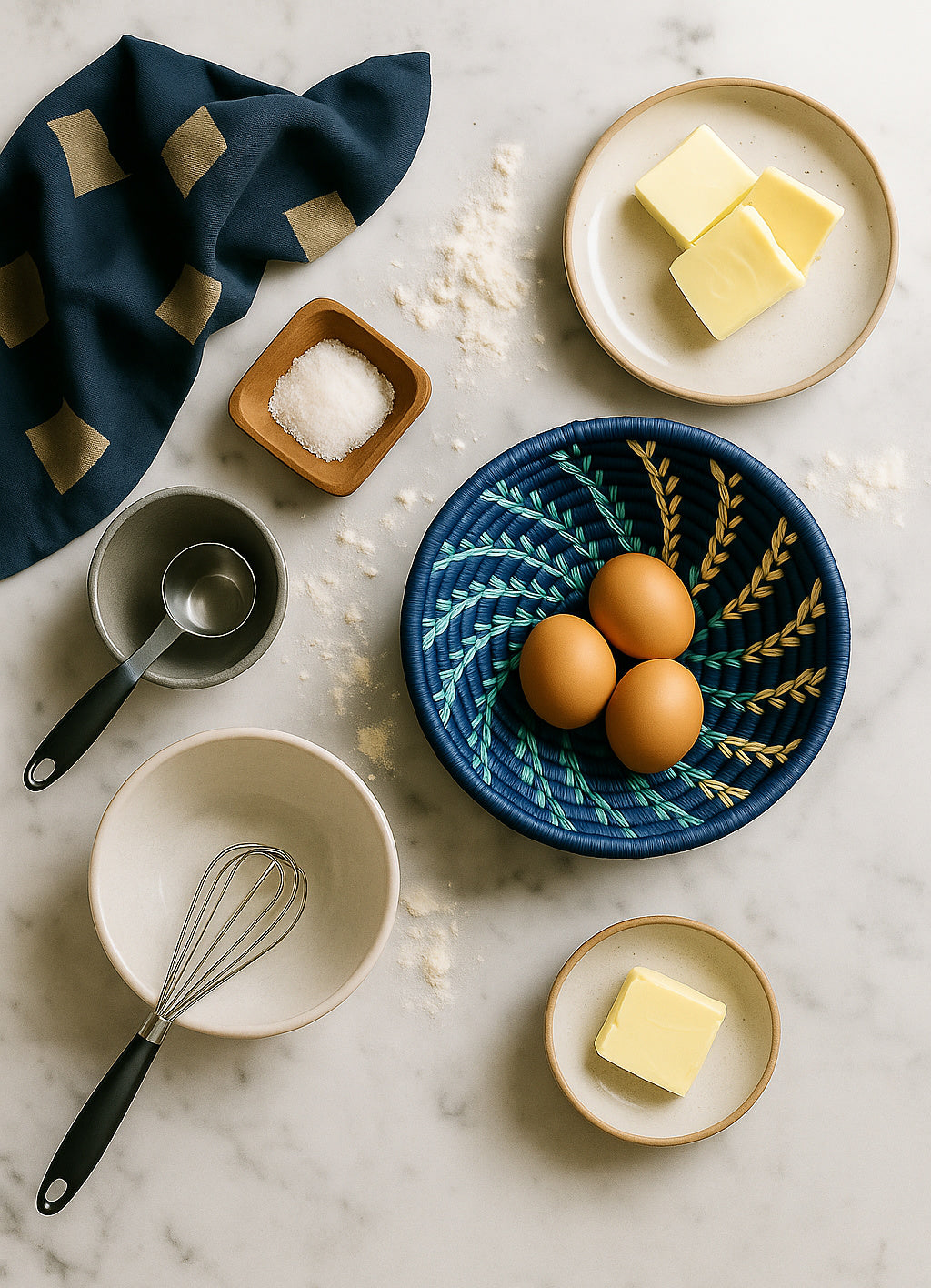 Small blue woven Raffia basket by Reflektion Design, ideal for kitchen decor, 8-inch size, featuring intricate handcrafted weaving.