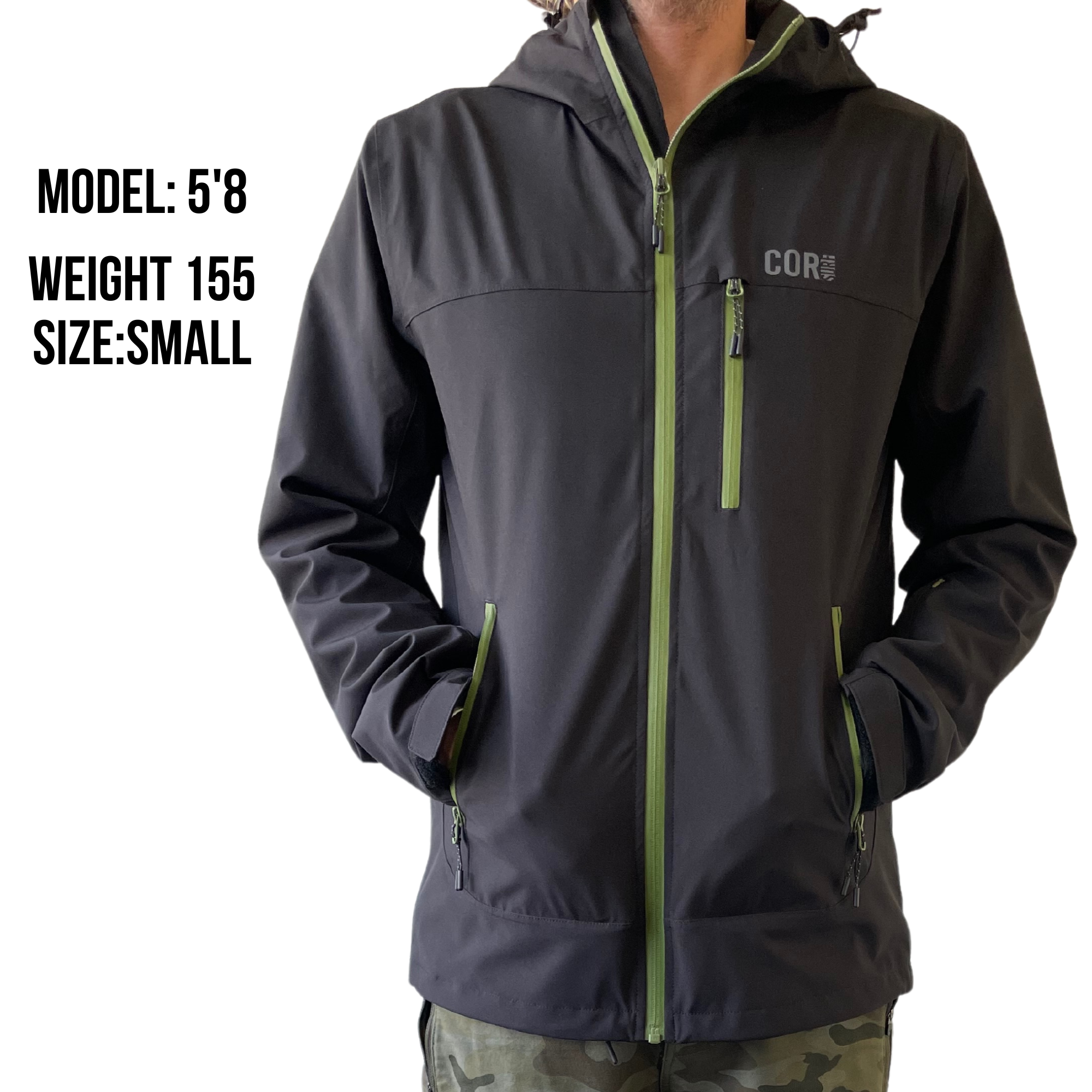 Unisex COR Surf Huakai waterproof travel rain jacket, lightweight with hood, designed for outdoor protection and adventure.