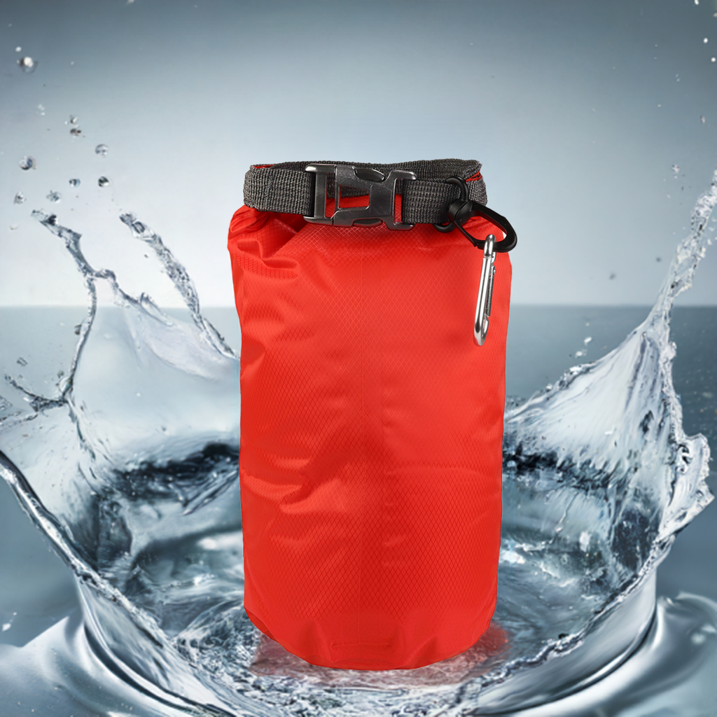 Red mini personal dry bag with carabiner for phones and valuables, designed for outdoor activities and waterproof protection.
