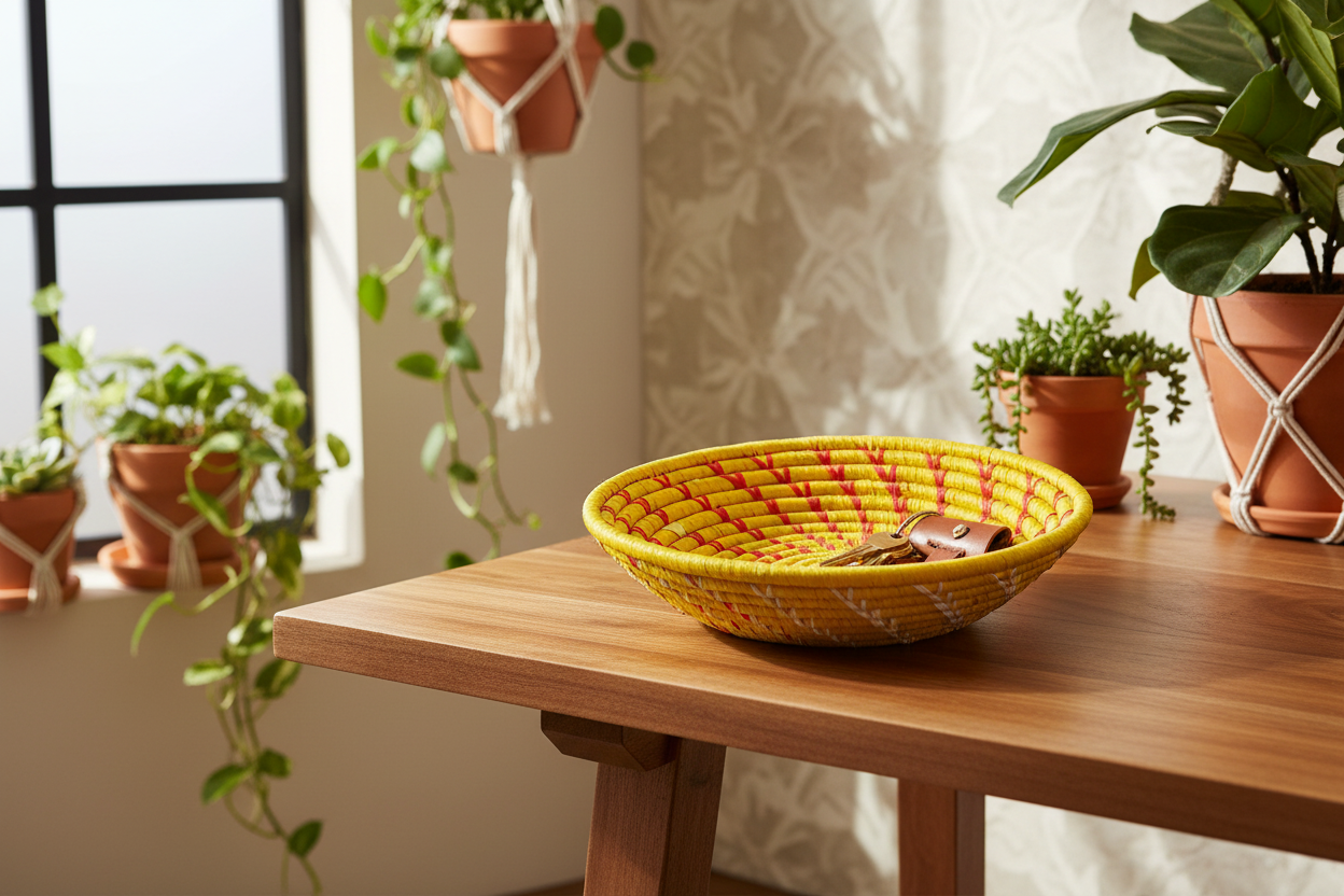 Small woven Raffia African basket in yellow, handmade by Reflektion Design, perfect for entryway decor.