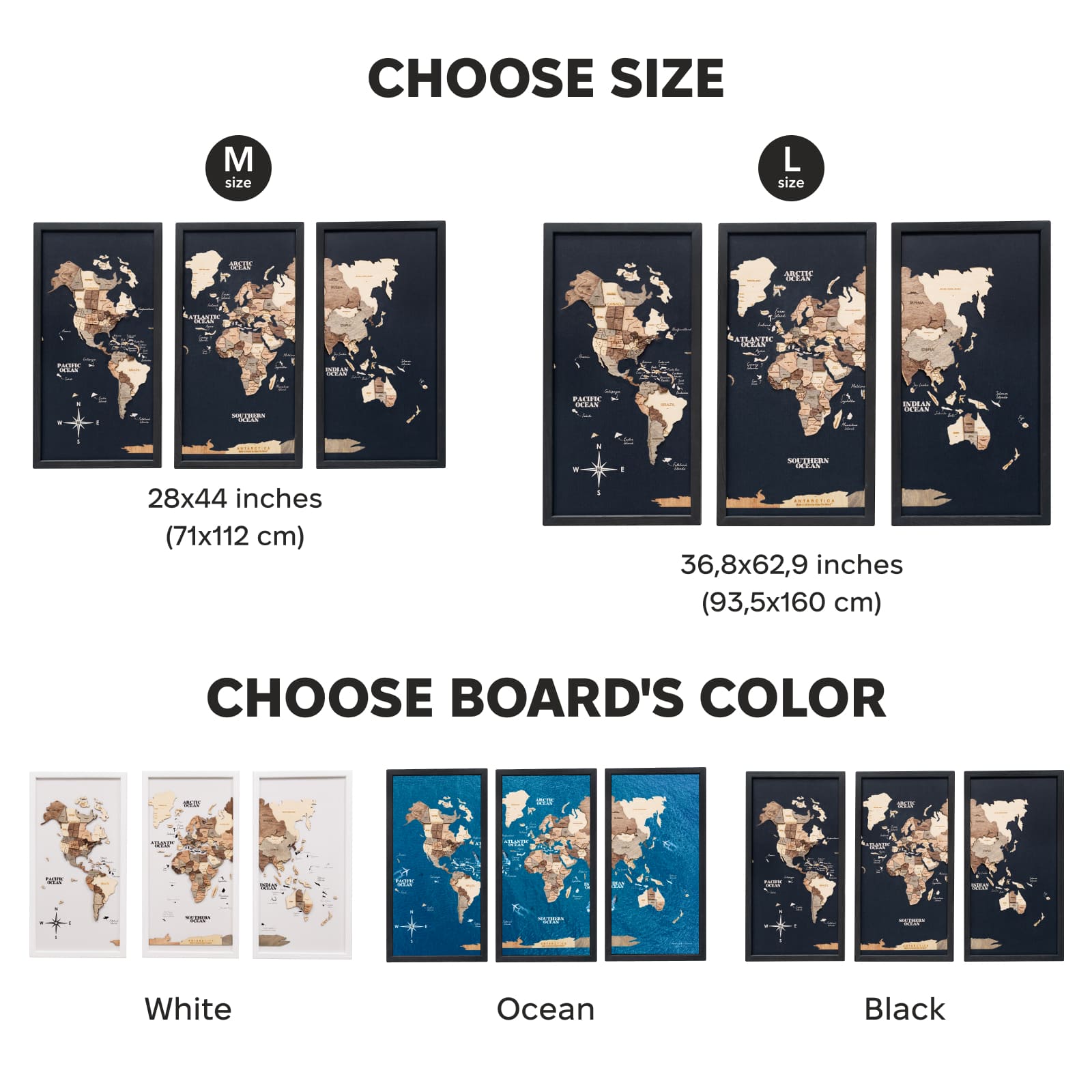 Wooden triptych wall art featuring a smokey finish and world map design by Enjoy The Wood, displayed as a three-panel wooden artwork.