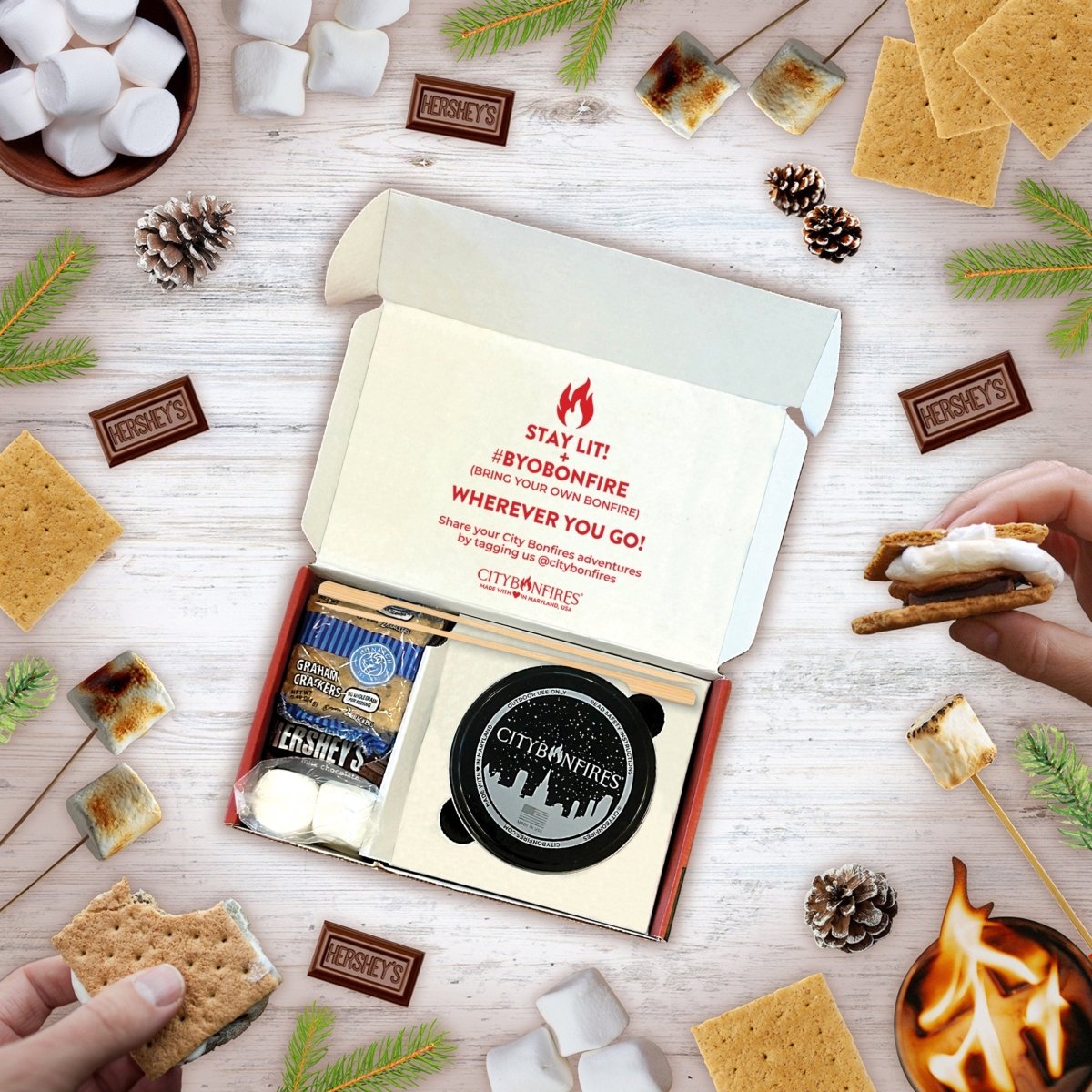 City Bonfires S'mores Night Pack featuring graham crackers, marshmallows, and chocolate for outdoor gatherings.