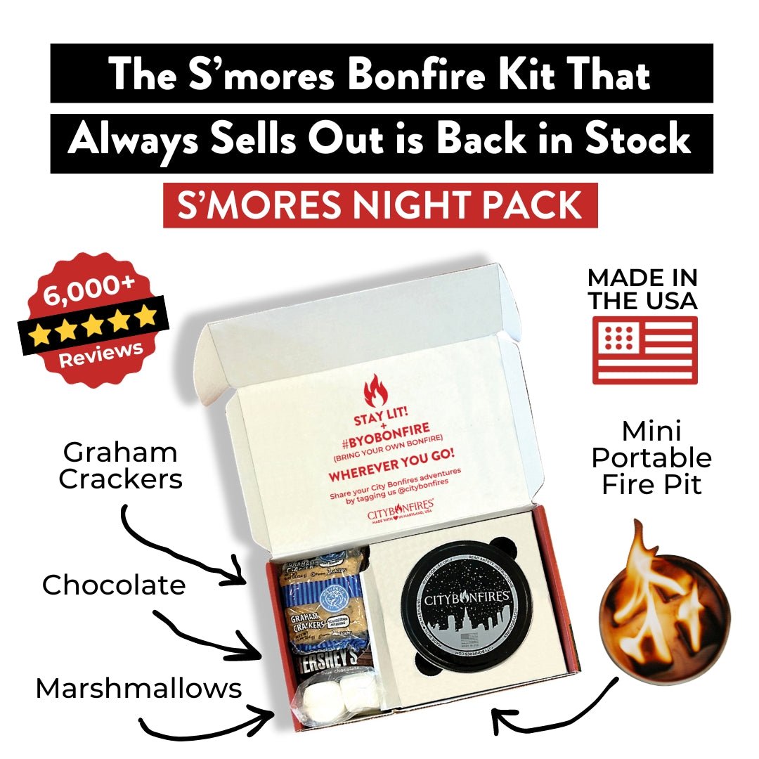 City Bonfires S'mores Night Pack featuring ingredients and tools for making s'mores outdoors.