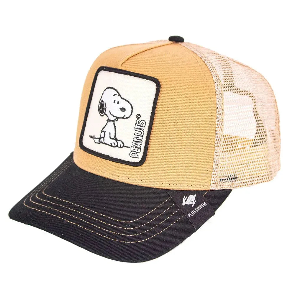Tan Peter Grimm Peanuts Snoopy trucker cap featuring a Snoopy graphic, casual headwear with mesh back for ventilation.