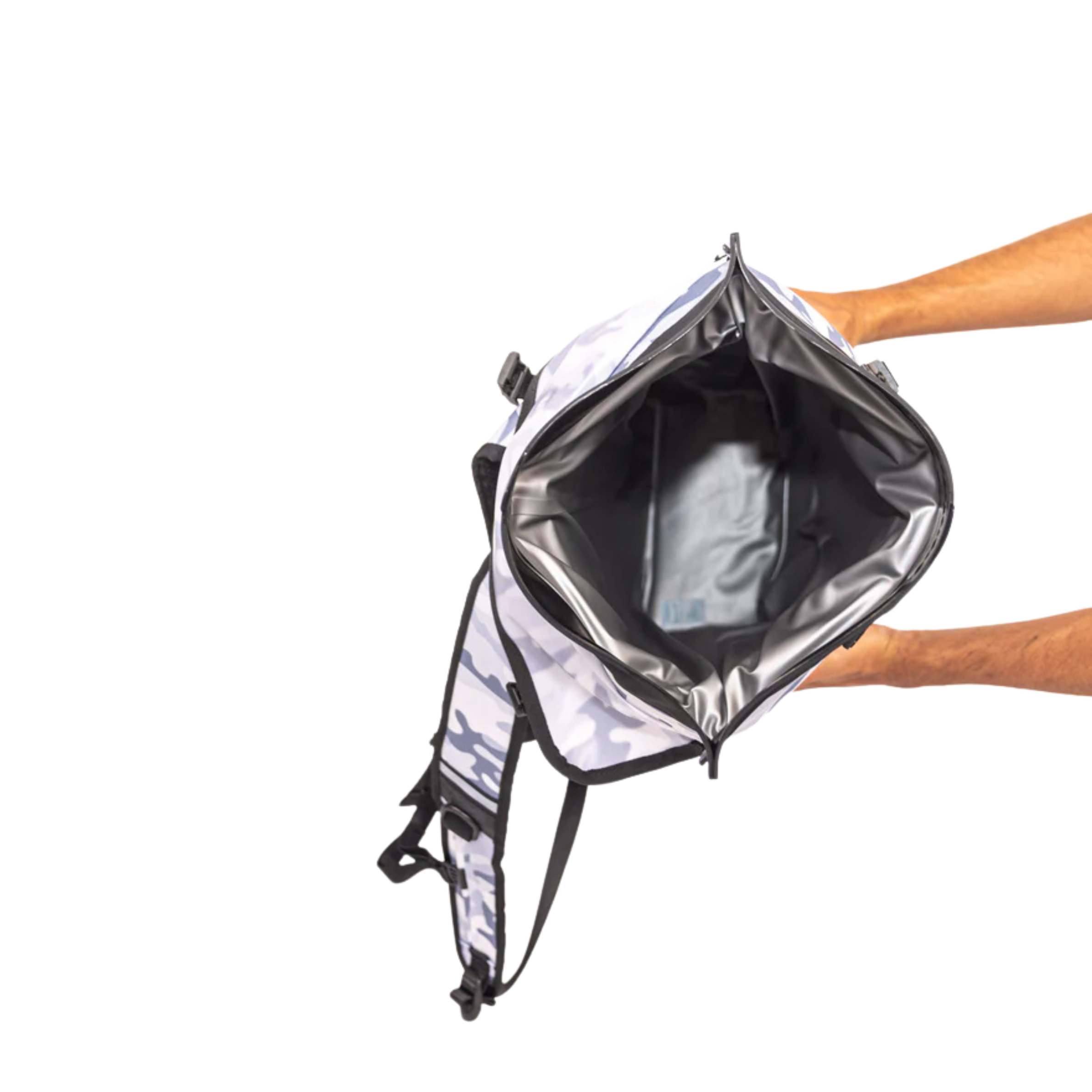 Snow camo Dry Pocket waterproof floating backpack cooler with insulated compartment and adjustable straps.