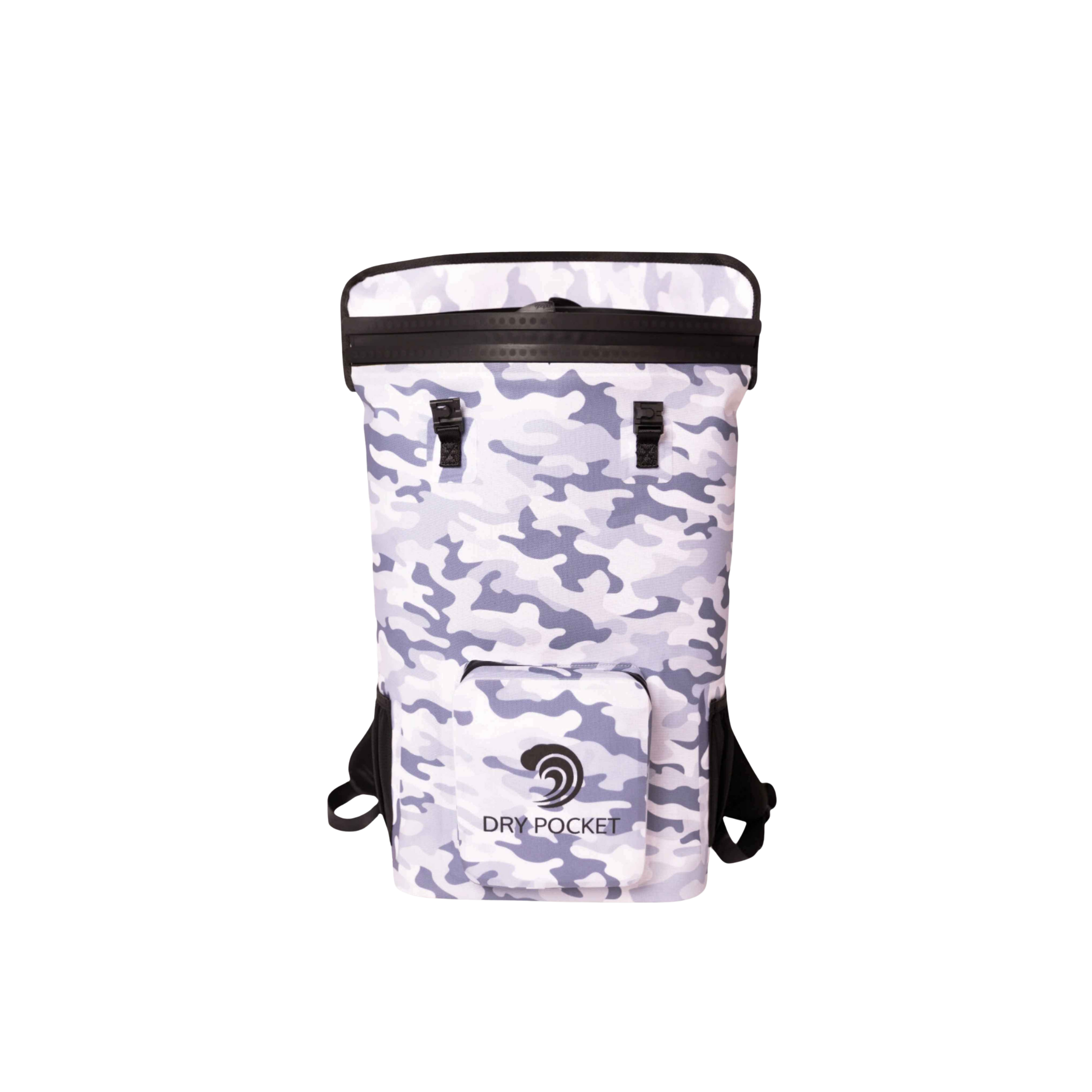 Snow camo Dry Pocket waterproof floating backpack cooler showing a durable, insulated backpack with adjustable straps and multiple compartments.