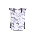 Snow camo waterproof floating backpack cooler by Dry Pocket with insulated interior and adjustable straps.