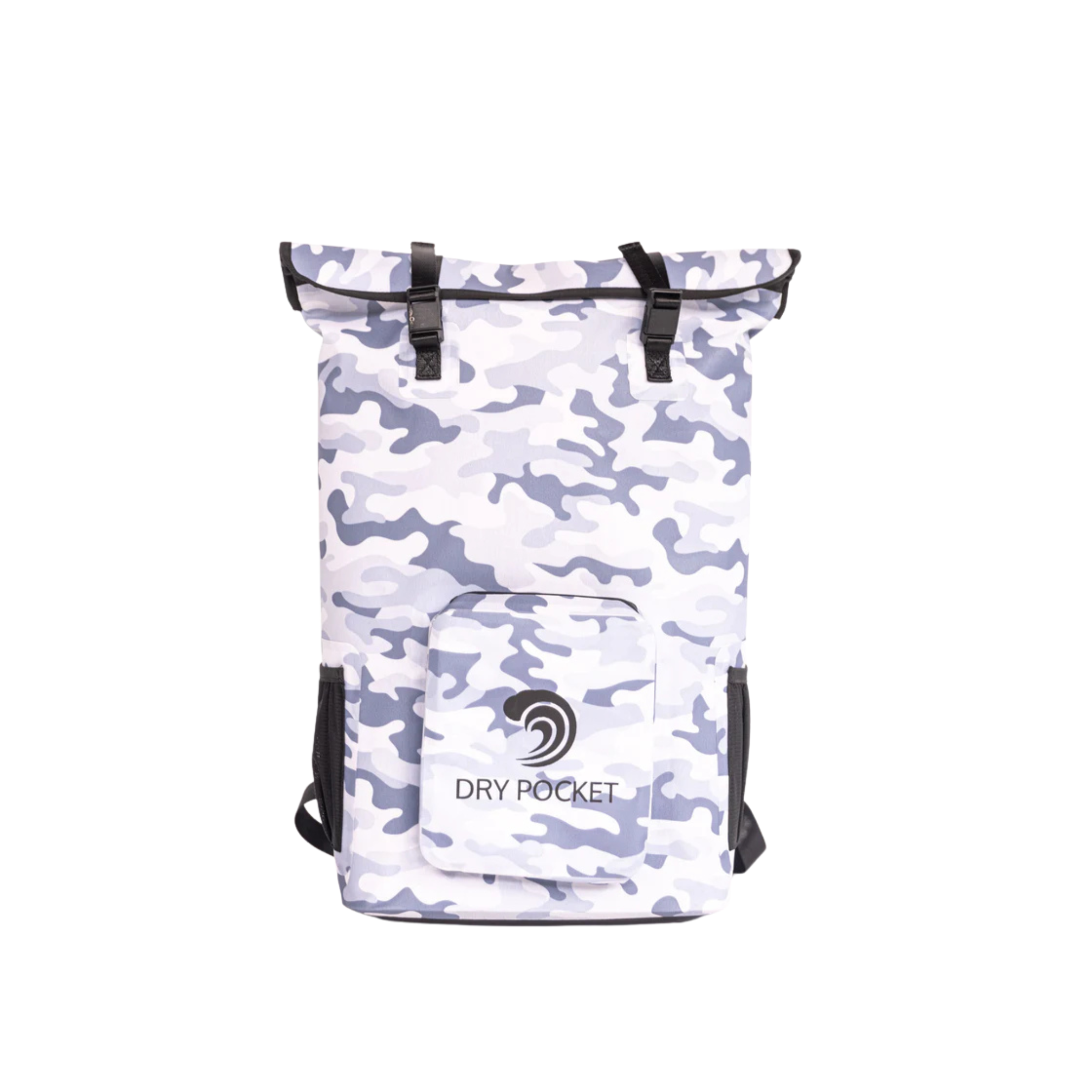 Snow camo waterproof floating backpack cooler by Dry Pocket with insulated interior and adjustable straps.