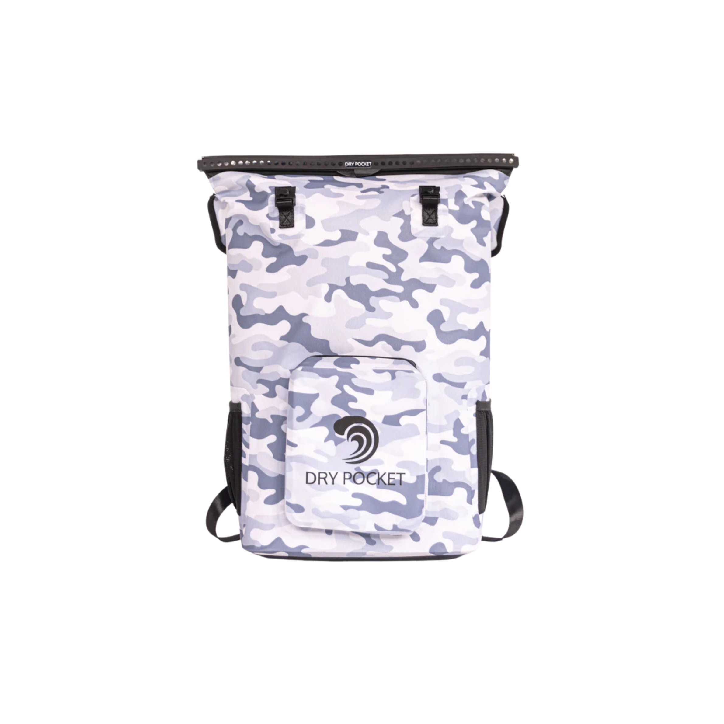 Snow camouflage Dry Pocket waterproof floating backpack cooler with insulated interior and adjustable straps.