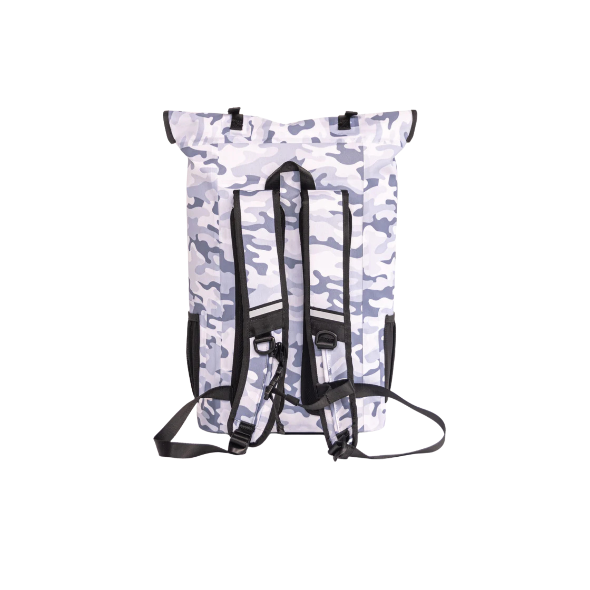 Snow camouflage Dry Pocket waterproof floating backpack cooler with insulated main compartment and adjustable straps.
