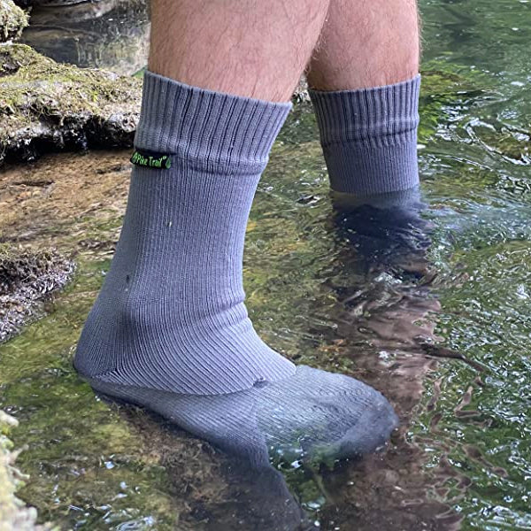 Pike Trail waterproof breathable socks in gray, designed for outdoor hiking with moisture-wicking and weather-resistant features.