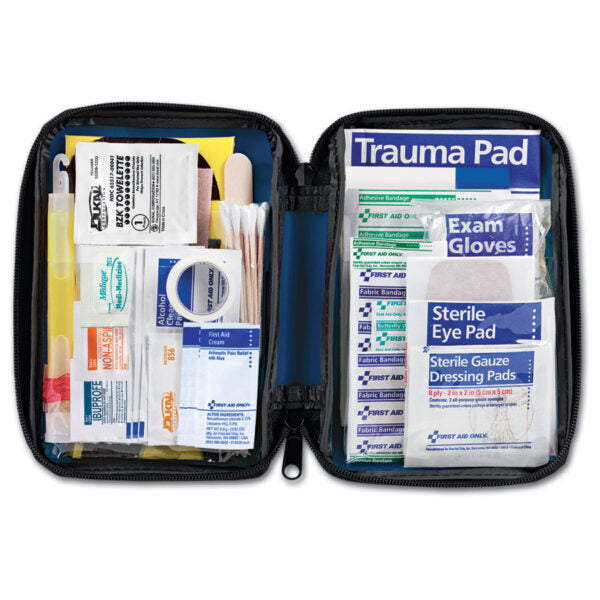 Soft-sided auto first aid kit with 104 pieces, including bandages and medical supplies, ideal for roadside emergencies.