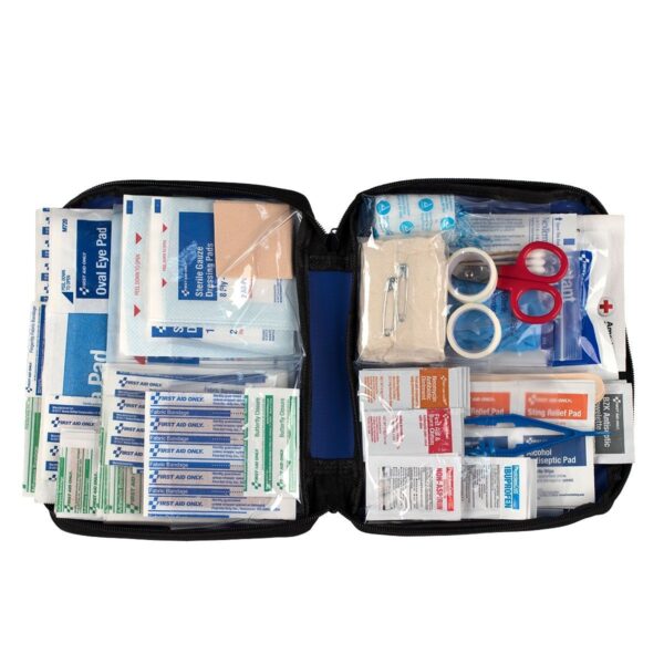 Softsided first aid kit with 312 pieces from QuakeKits, containing medical supplies for emergency wound care and safety.