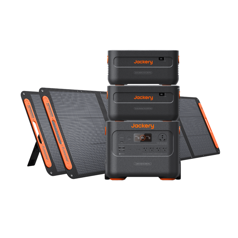 Jackery Solar Generator 2000 Plus with multiple output ports and solar panels for portable off-grid power.