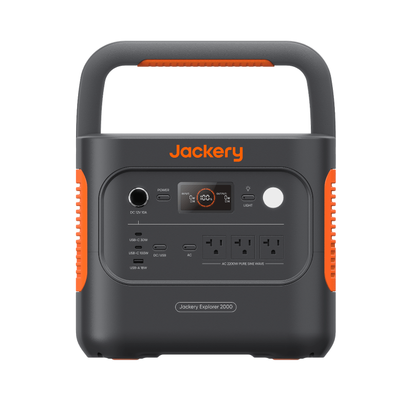 Jackery Explorer 2000 V2 portable power station with solar generator, featuring multiple ports and digital display for energy management.