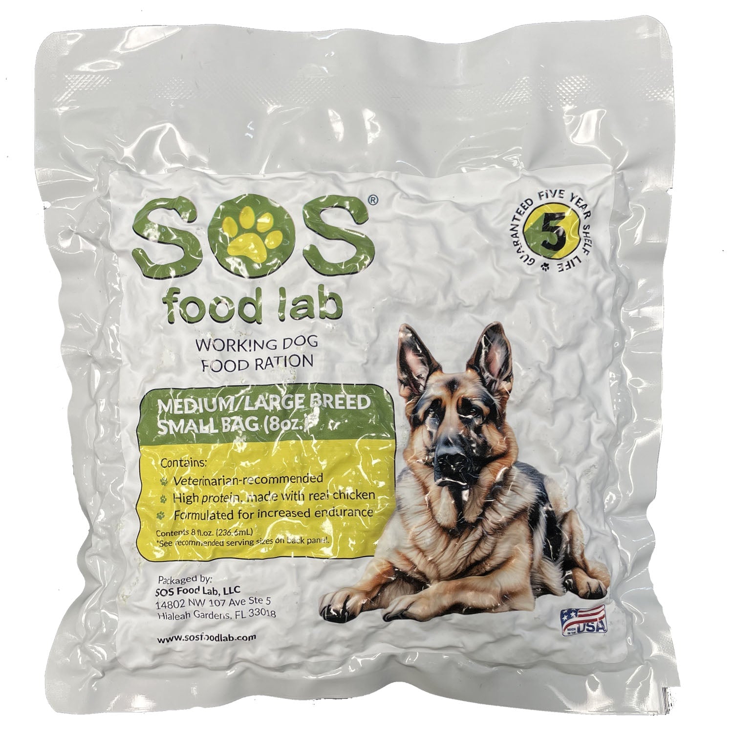 Medium-large breed dog food ration in an 8oz pack by QuakeKits, designed for convenient grab-and-go pet feeding.