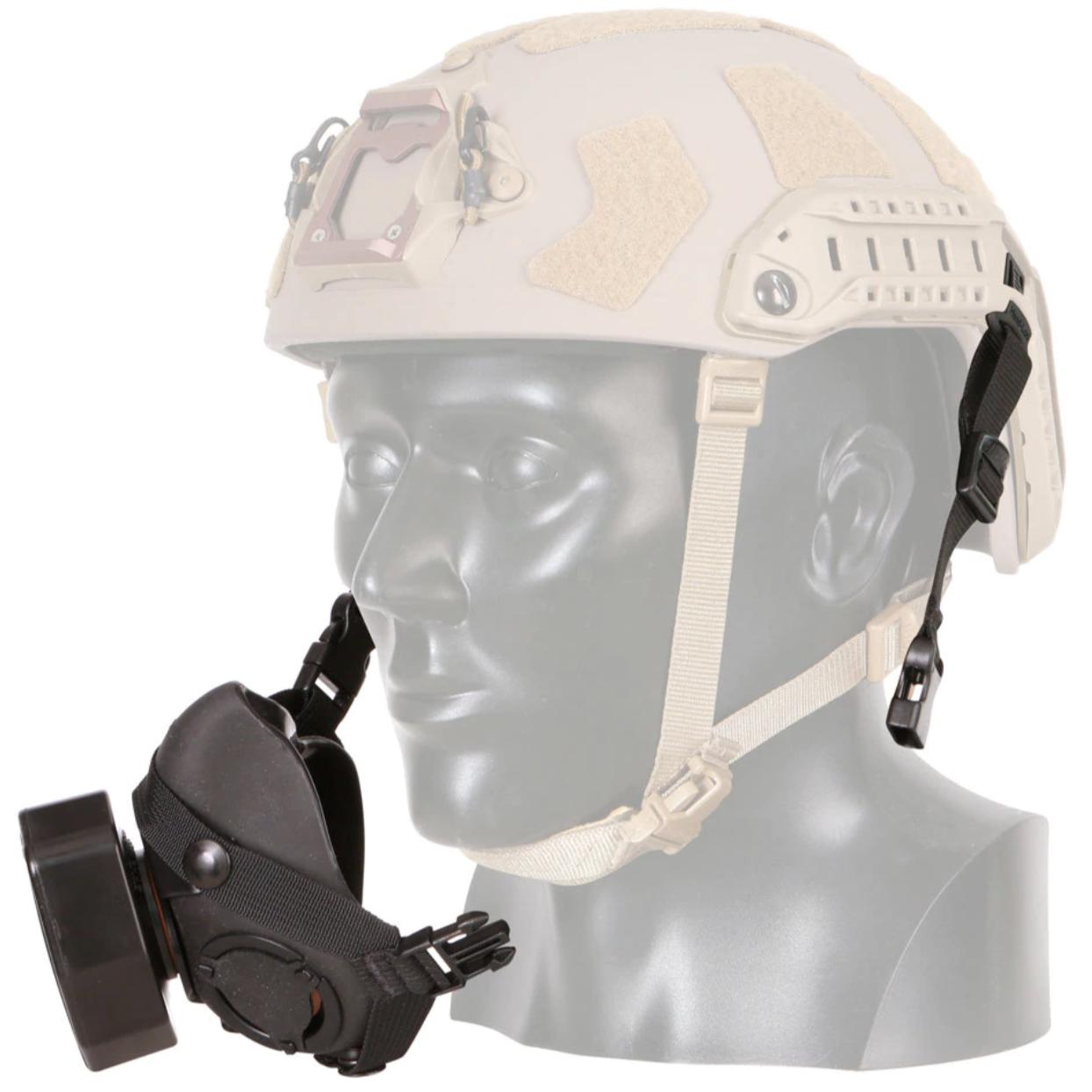 HCC Tactical SOTR O2 Straps Harness for helmets and accessories, shown on a tactical helmet in a military setting.