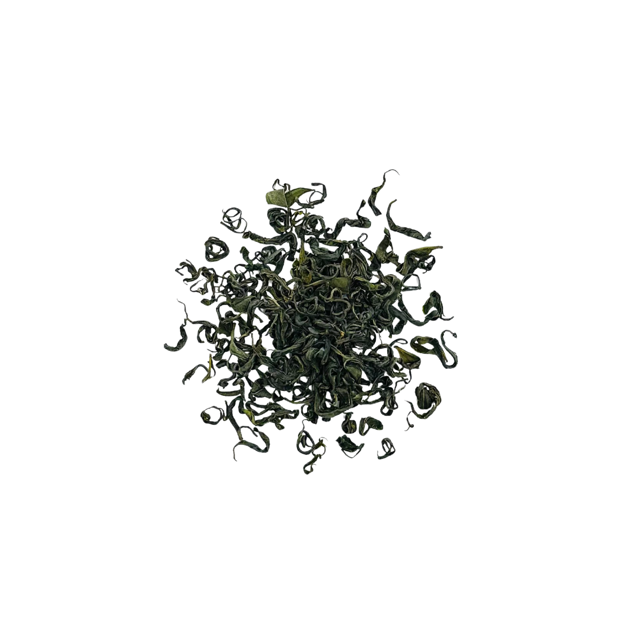 Organic loose leaf green tea in vibrant spring green from Wild Orchard, showcased in a clear glass jar.
