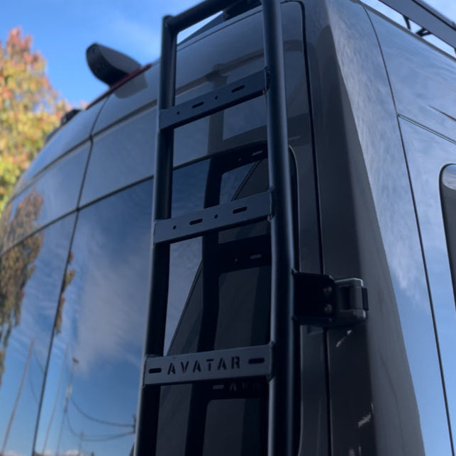Avatar Offroad Sprinter Van Rear Ladder mounted on the back of a white sprinter van, providing access to the roof.