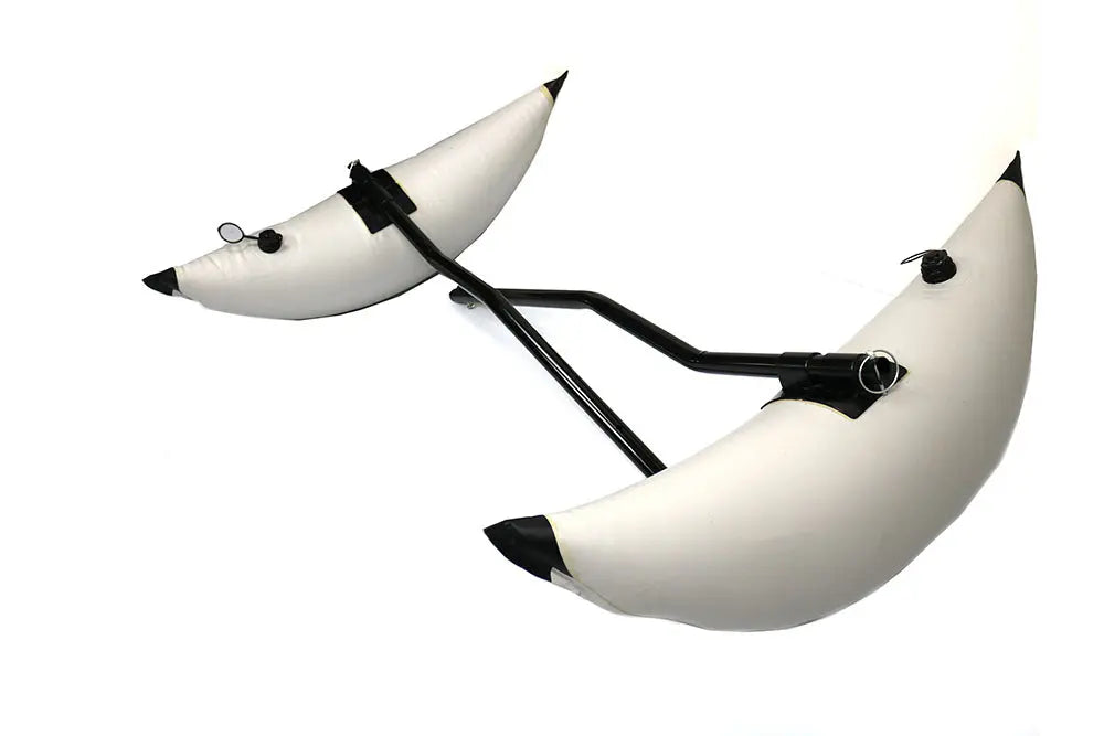 ReelYaks kayak stabilizers attached to a kayak, providing balance and stability during paddling, as shown in the image.
