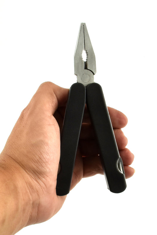Stainless steel 14-in-1 multifunction pocket tool by QuakeKits, featuring various survival and emergency tools in a compact design.
