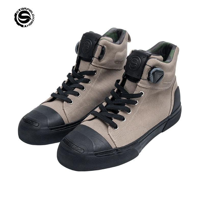 Bean's Moto Booth STAR FIELD KNIGHT™ casual motorcycle riding shoes featuring black leather, ankle support, and rugged sole design.