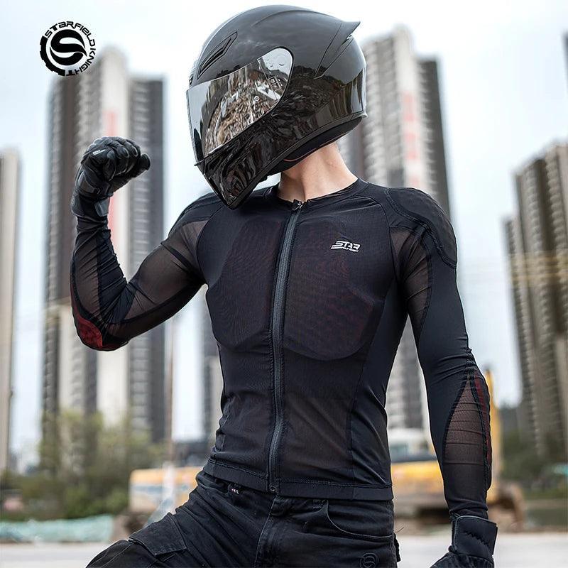 Men's Star Field Knight™ slim fit motorcycle armor jacket with protective padding and stylish design by Bean's Moto Booth.