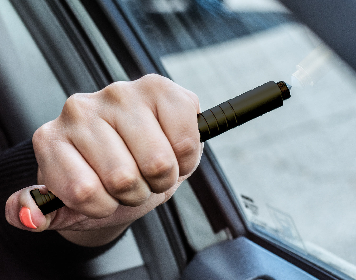 Steel car window punch tool from Quakekits 5-in-1 survival and tactical pen, compact and durable for emergency use.