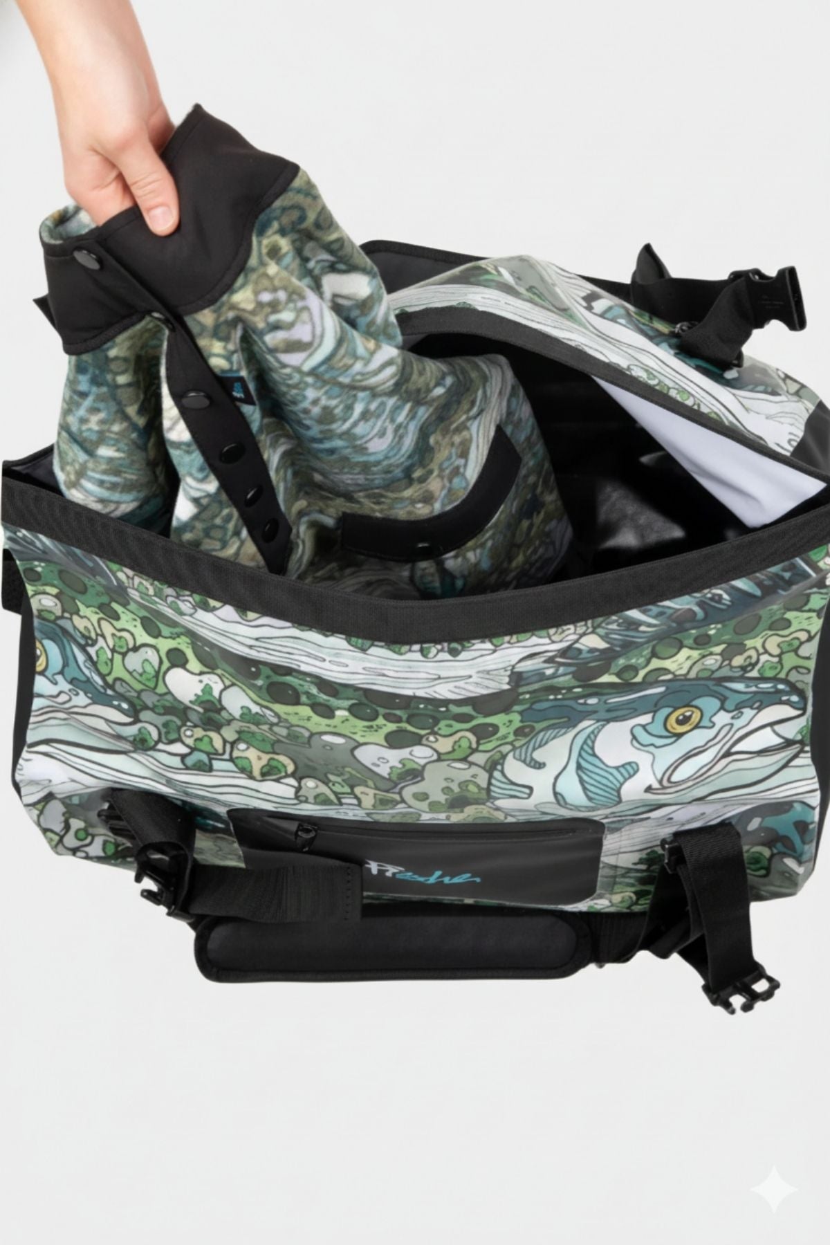 FisheWear Steel My Heart Duffel Dry Bag showing durable waterproof material and sturdy handle for outdoor adventures.