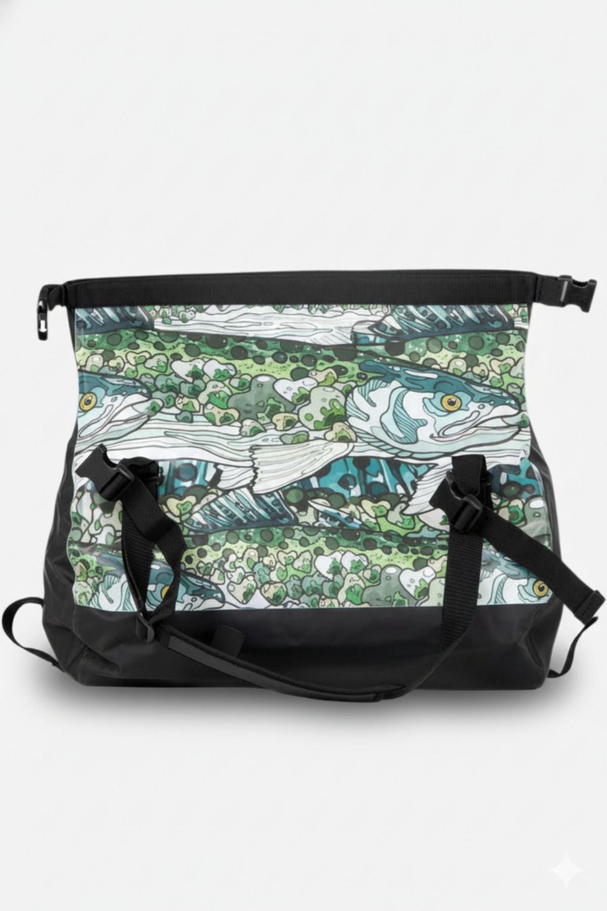 FisheWear Steel My Heart Duffel Dry Bag showing rugged gray waterproof duffel with adjustable strap and secure closures.