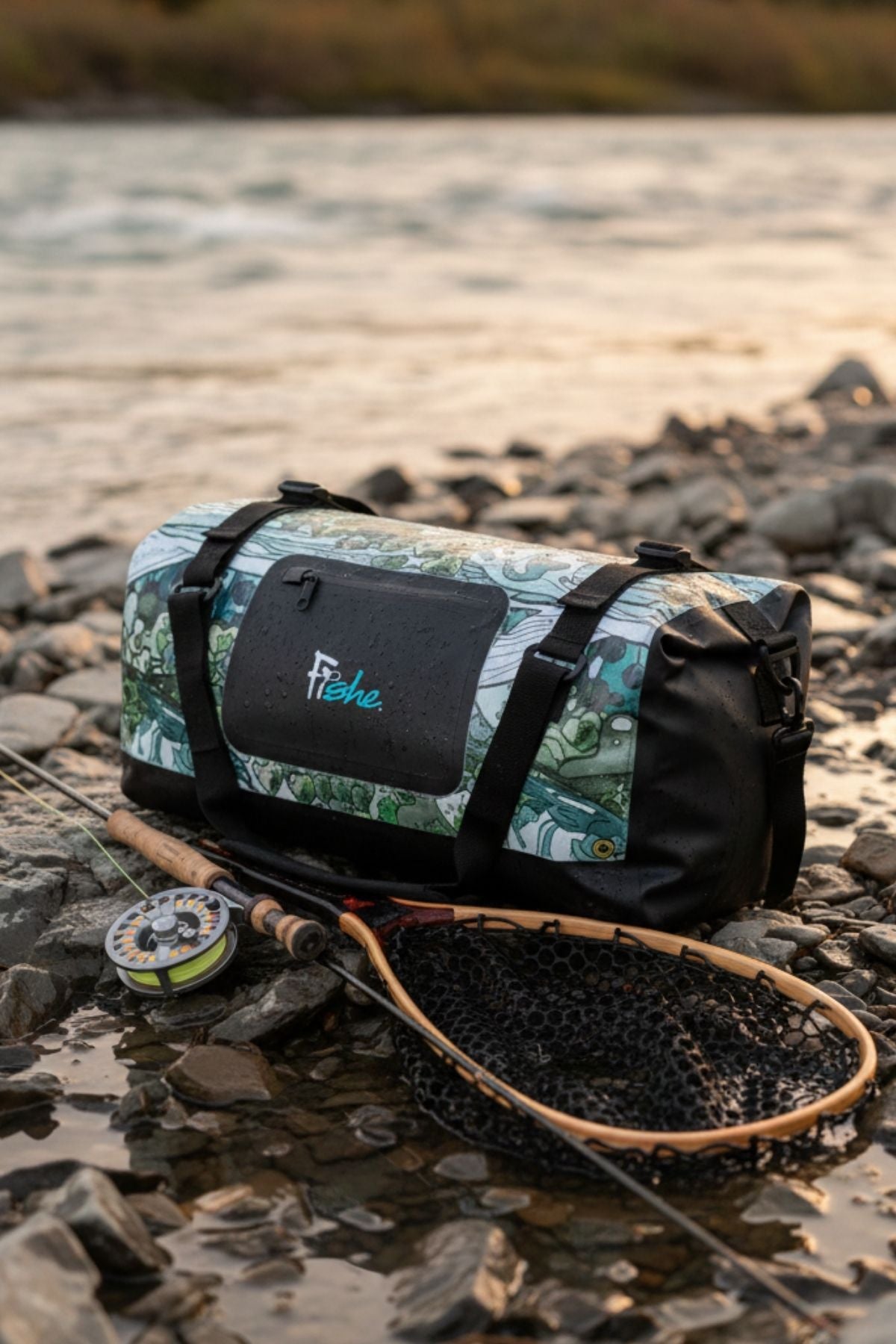 FisheWear Steel My Heart Duffel Dry Bag in durable waterproof material with adjustable straps and secure closure.