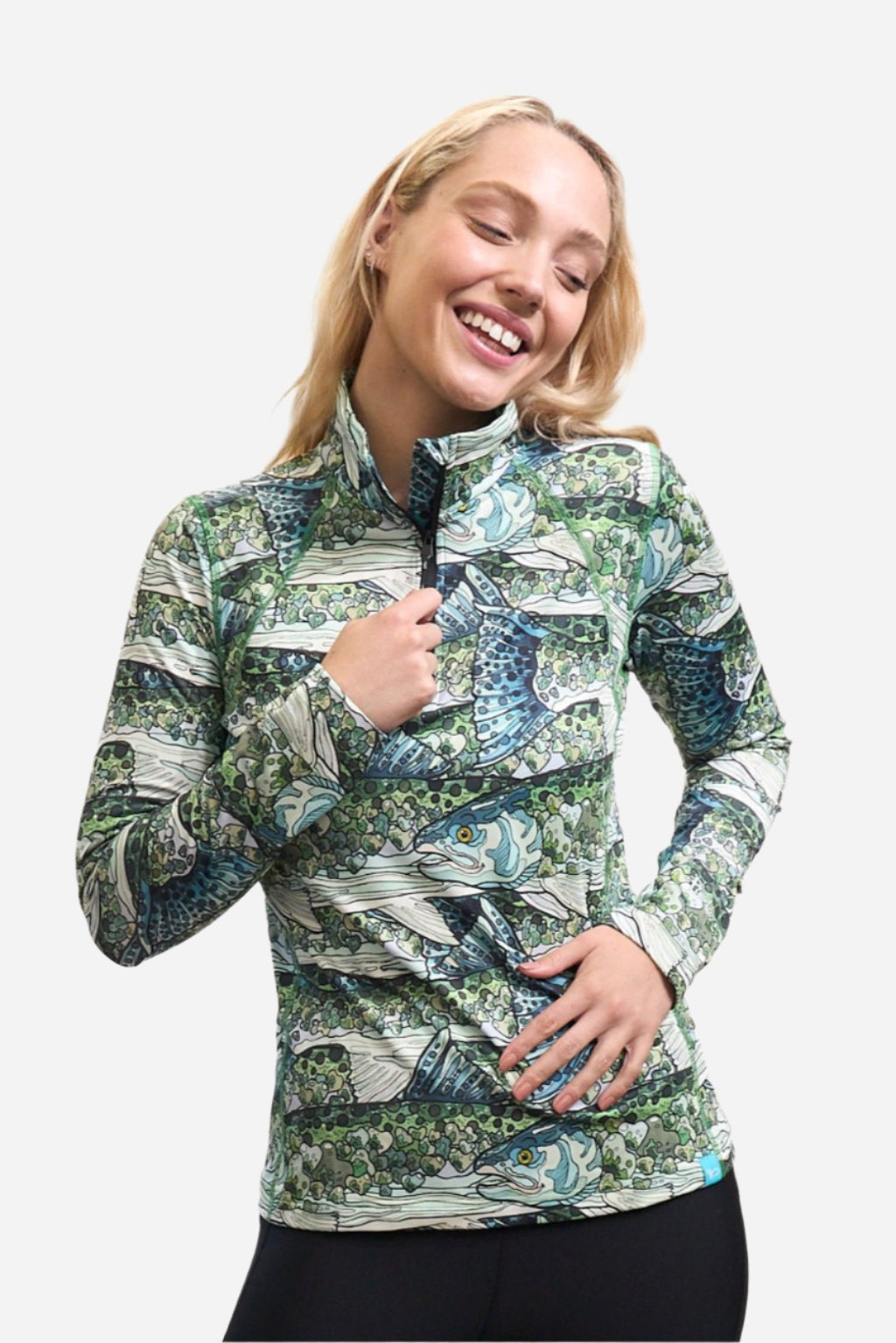 FisheWear Steel My Heart Thermal 1/4 Zip Top in steel color, lightweight thermal fabric, close-up of the zip and fabric texture.