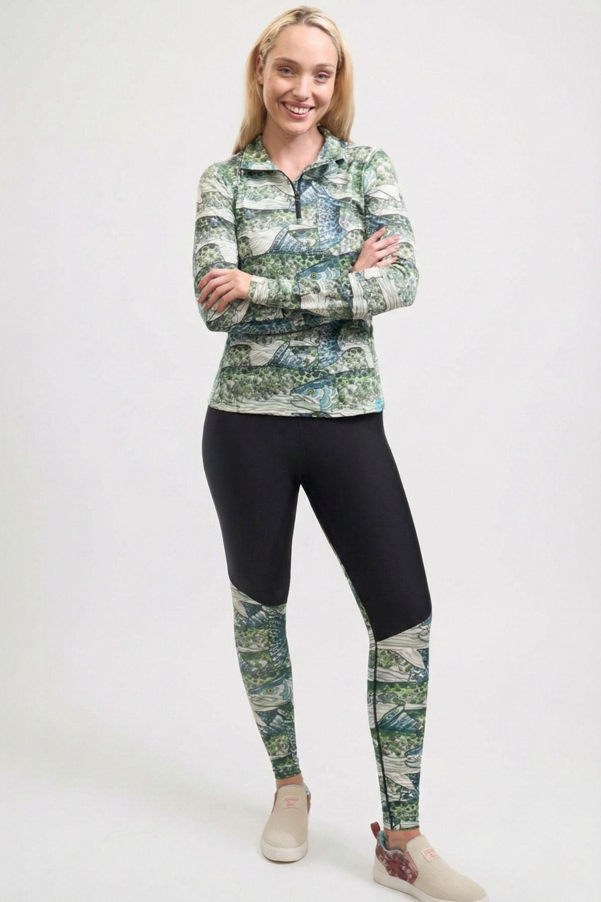 Steel My Heart Thermal Active Leggings by FisheWear, close-up of dark gray, stretchy thermal leggings with reinforced waistband.