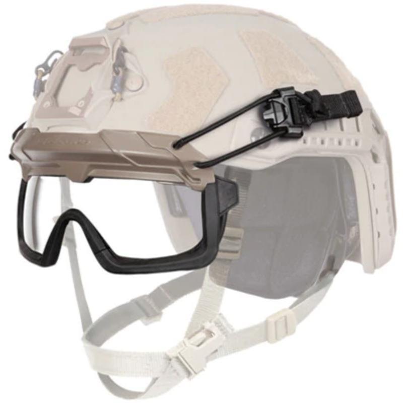 HCC Tactical Step-In Visor with two lenses, compatible with helmets and accessories, shown attached to a tactical helmet.