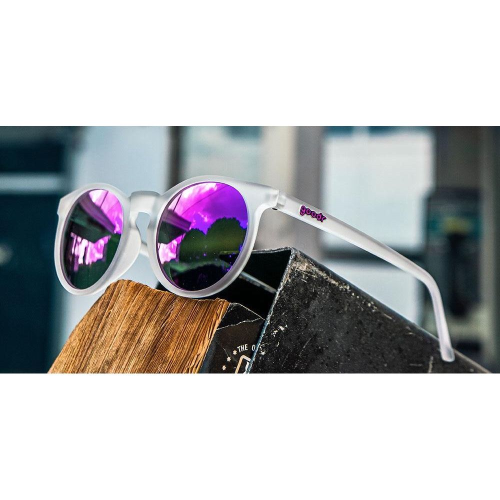 Rare Air Discs Circle G polarized sunglasses with "Strange Things Are Afoot" design, black frame, and tinted lenses.