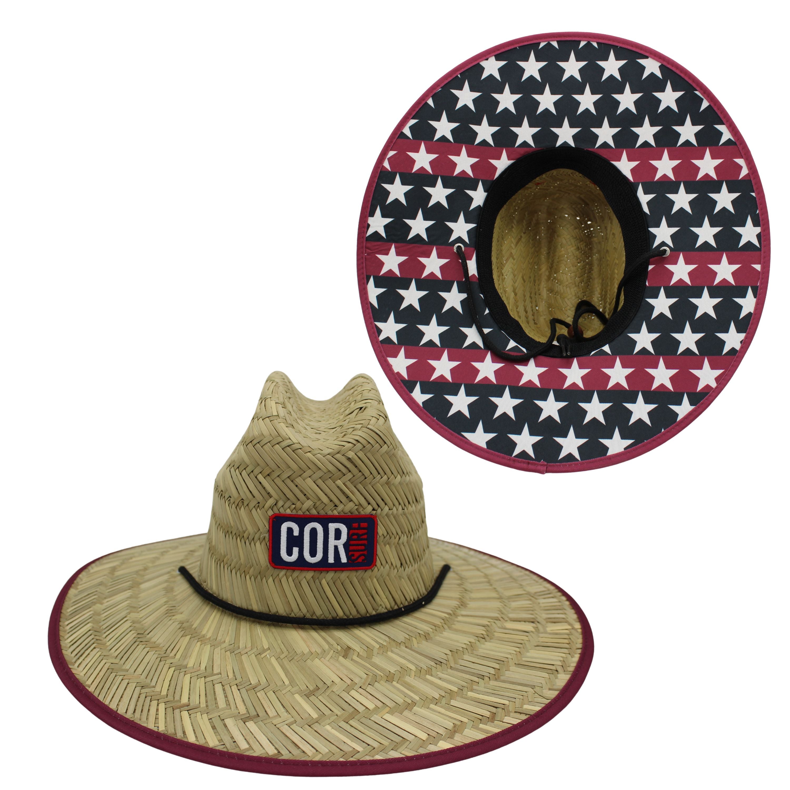 Straw Lifeguard Sun Hat for adults by COR Surf featuring an American flag design, ideal for sun protection at the beach or outdoors.