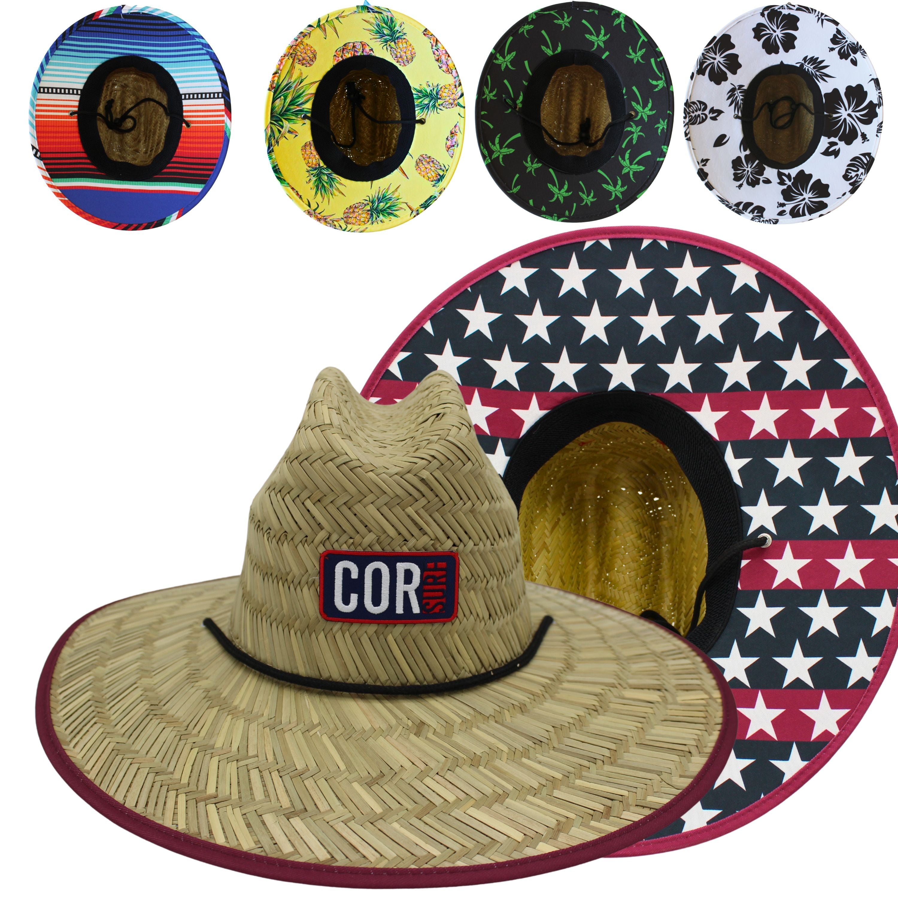 COR Surf straw lifeguard sun hat with American flag design, suitable for adults, ideal for beach and sun protection.