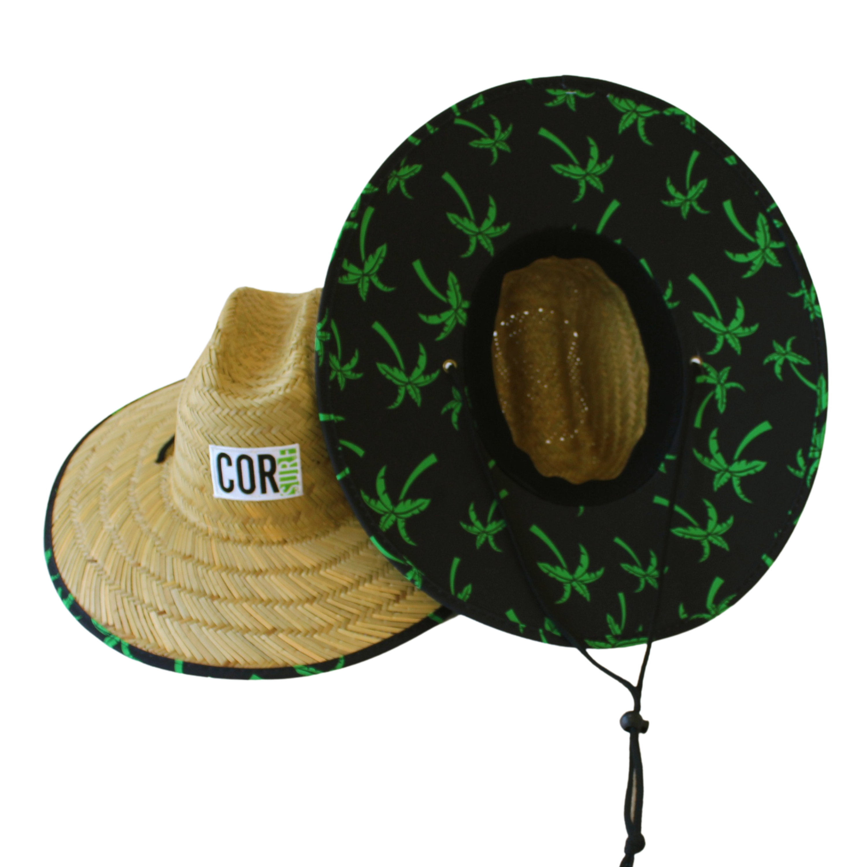 Adult straw lifeguard sun hat by COR Surf with wide brim and palm design, ideal for beach and outdoor sun protection.