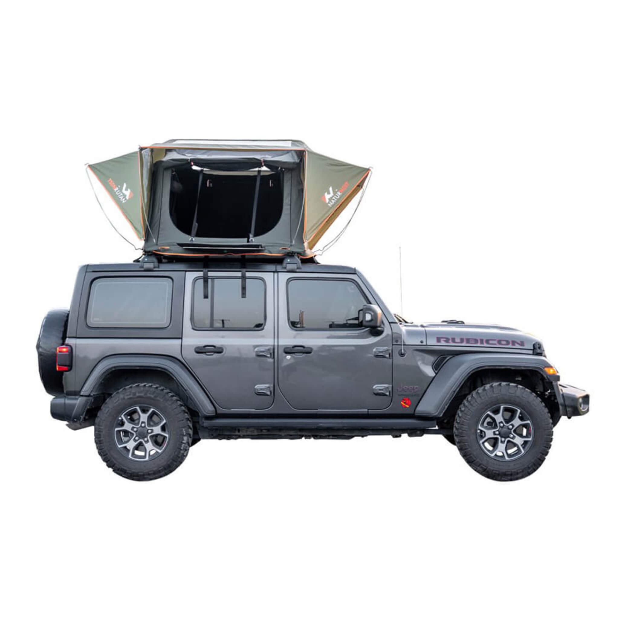 Naturnest Andromeda Green soft-shell rooftop tent by SAKSBY, aluminum alloy, with front door view and large panoramic skylight.
