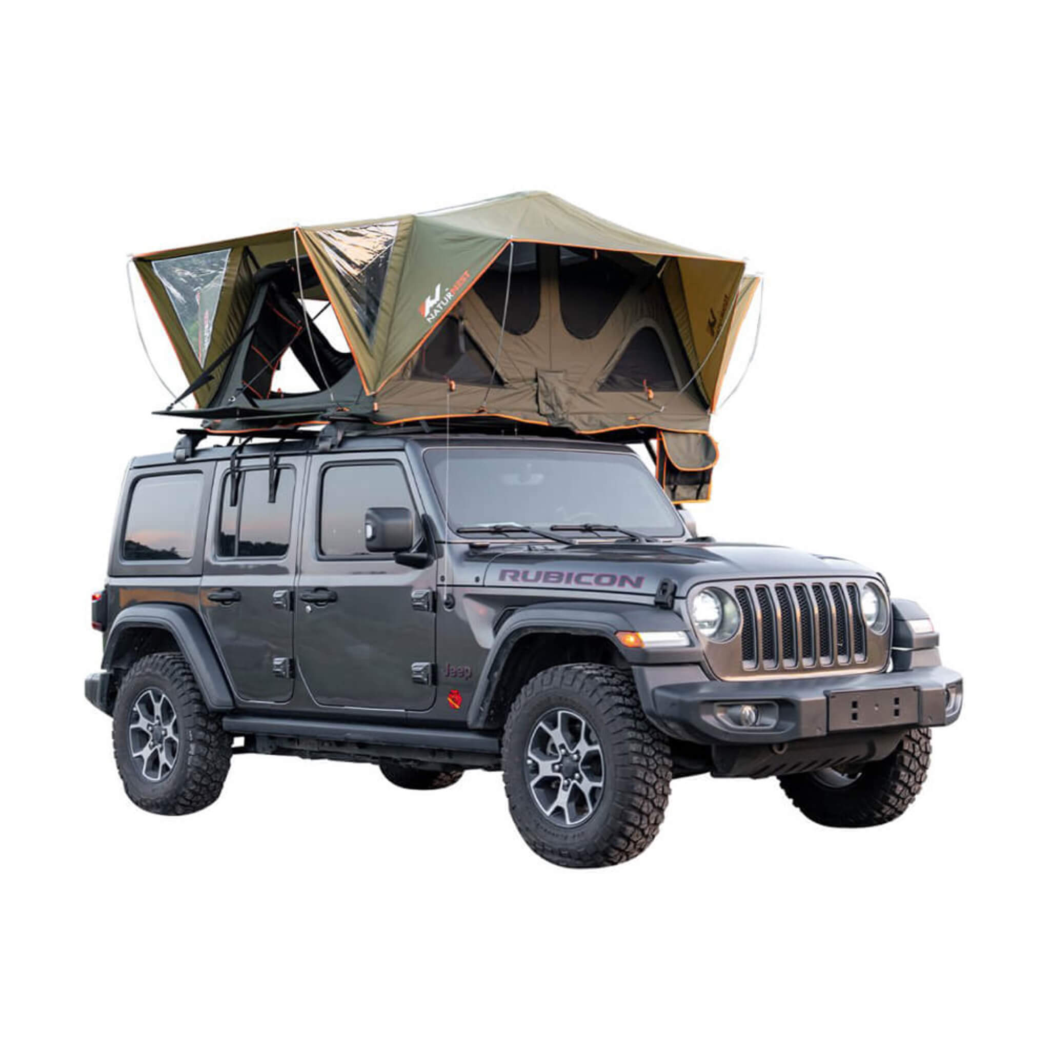 SAKSBY Naturnest Andromeda Green rooftop tent with large panoramic skylight and YKK doors, mounted on a stylish aluminum alloy car.